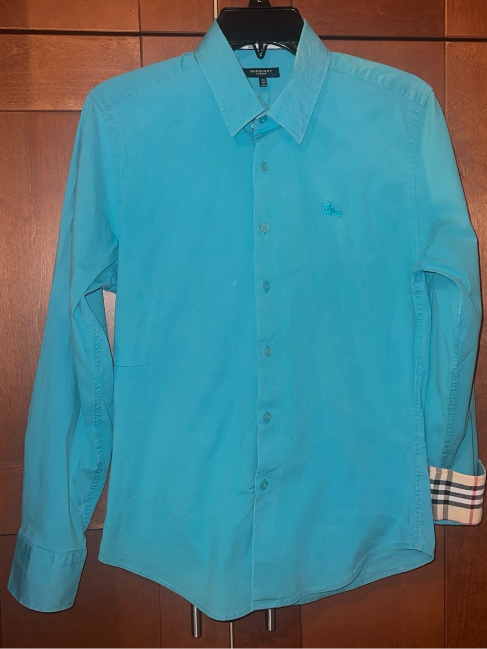 Burberry Classic Button Down With Plaid Cuff Shirt Women's US 8 Medium Turquoise